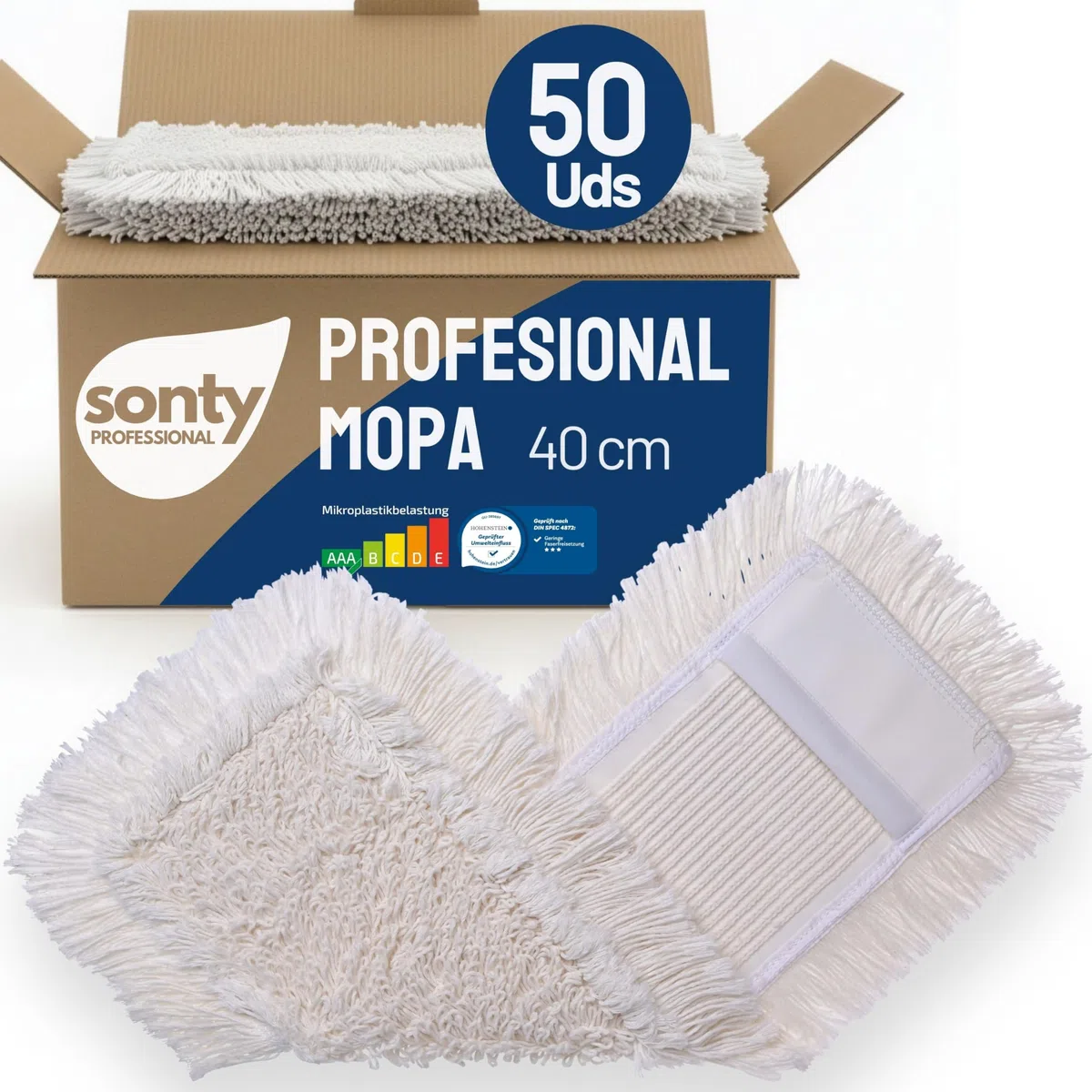 SONTY Fregona Profesional 40 cm de algodón – Juego de 50 recambios para Soporte Plegable | Fregona de algodón para Todo Tipo de Suelos en hogar, hostelería & Uso Profesional | Lavable 60–90 °C