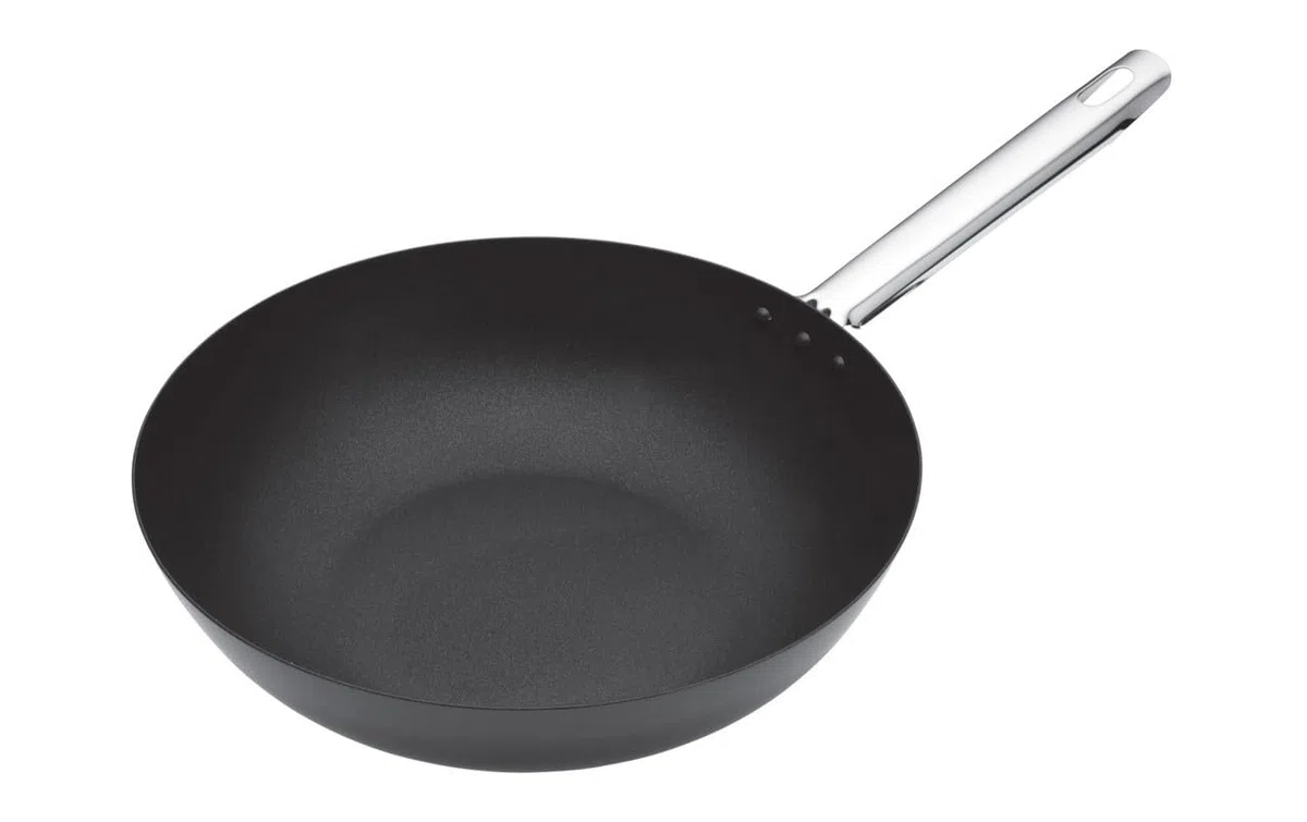 MasterClass Wok profesional antiadherente de acero al carbono apto para inducción, 30 cm (12")