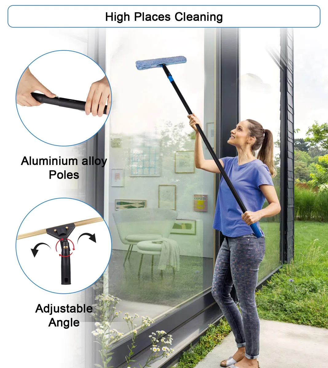 Kit de escobilla giratoria con 4 postes de extensión, raspador de vidrio, plumero flexible, 2 paños de limpieza de ventanas para vidrio, coche, suelo, hogar, jardín