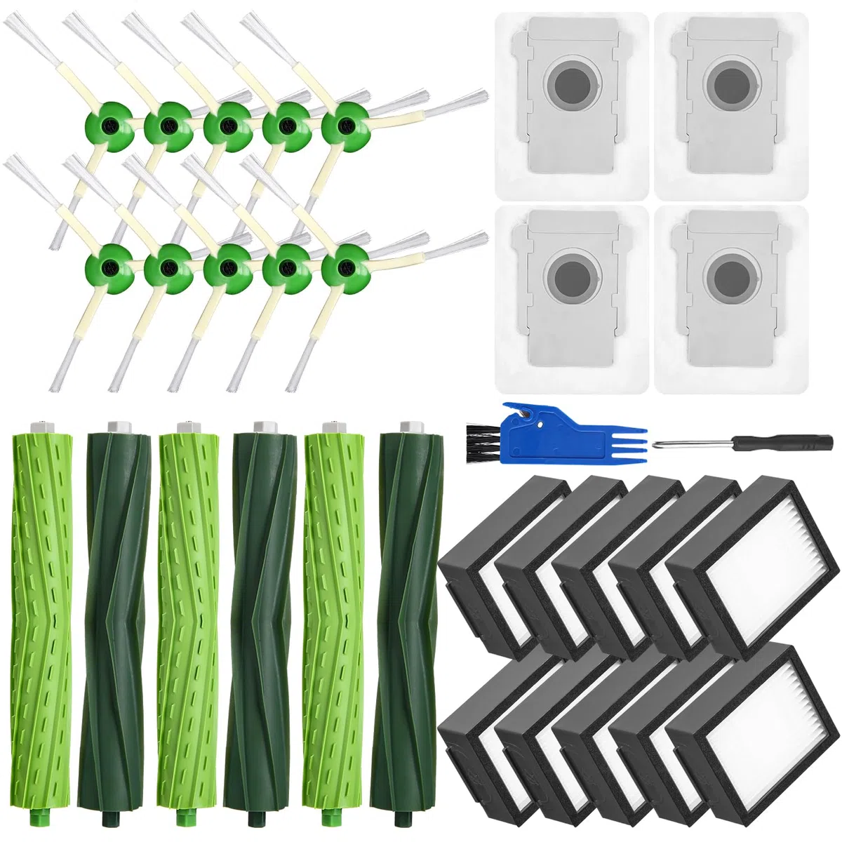 Kit de Accesorios Recambios para iRobot Roomba i7 i7+ j7 j7+ i3 i3+ i4 i4+ E5 E6 Aspiradora, Repuestos para Roomba 3 juegos de Cepillos Principales,10 Filtro,10 Cepillo Lateral,4 Bolsa de Polvo
