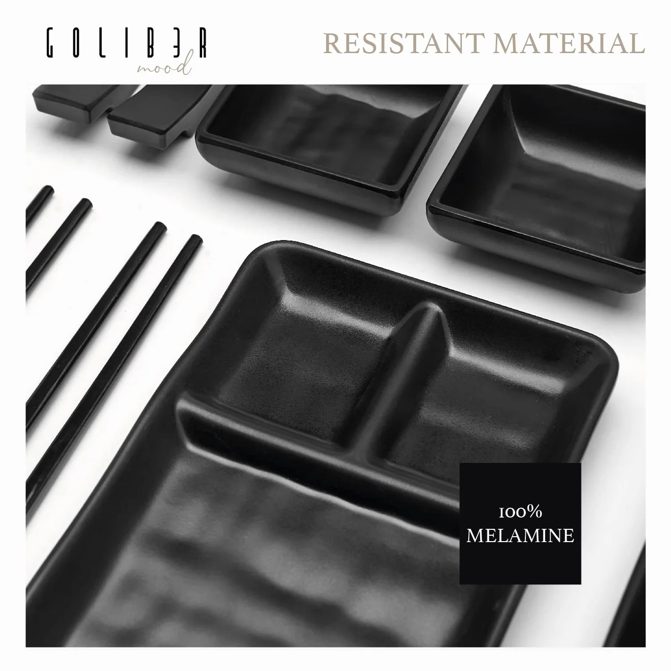 Vajilla Sushi Japonés (16 Piezas) – 4 Platos Individuales (19 X 14 Cm), 4 Tazones Para Salsa, 4 Pares De Palillos, 4 Soportes Para Palillos. En Melamina. Negro
