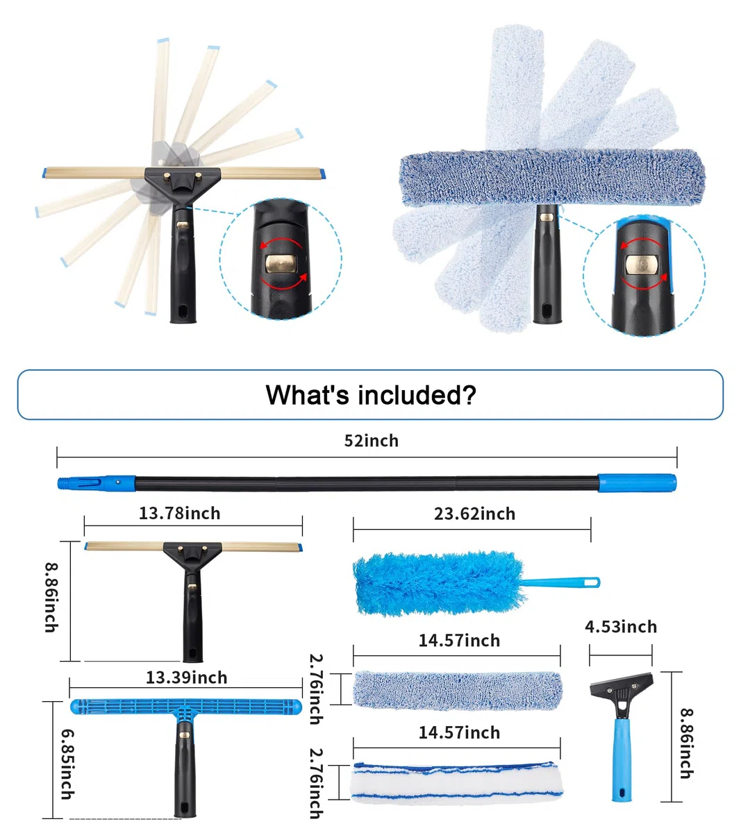 Kit de escobilla giratoria con 4 postes de extensión, raspador de vidrio, plumero flexible, 2 paños de limpieza de ventanas para vidrio, coche, suelo, hogar, jardín