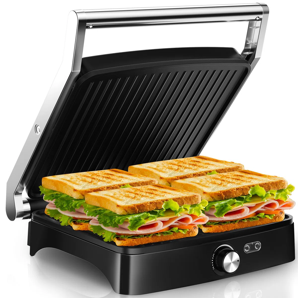YASHE Sandwichera Eléctrica 2000W – Grill Panini y Parrilla Eléctrica Interior para Bocadillos, Carnes y Verduras – Placas Antiadherentes Grandes – Apertura 180° – Temperatura Automática – Fácil Limpi