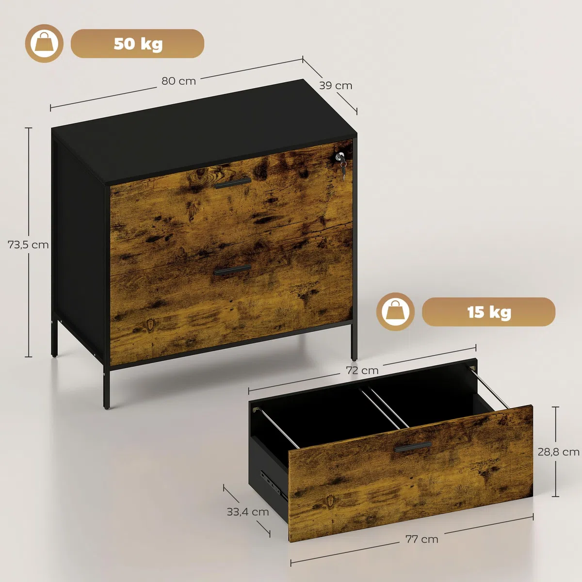 HOMCOM Cajonera de Oficina Industrial con 2 Cajones y Cerradura Cajonera para Archivadores con Carpetas Colgantes Tamaño A4 80x39x73,5 cm Marrón