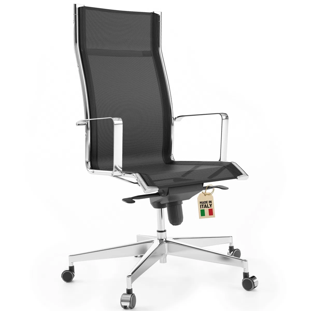 Silla de Escritorio Ergonómica, Silla de Oficina Giratoria con Apoyo Lumbar, Sillón de Despacho Ajustable y Cromado, Diseño Italiano - Cromado Negro