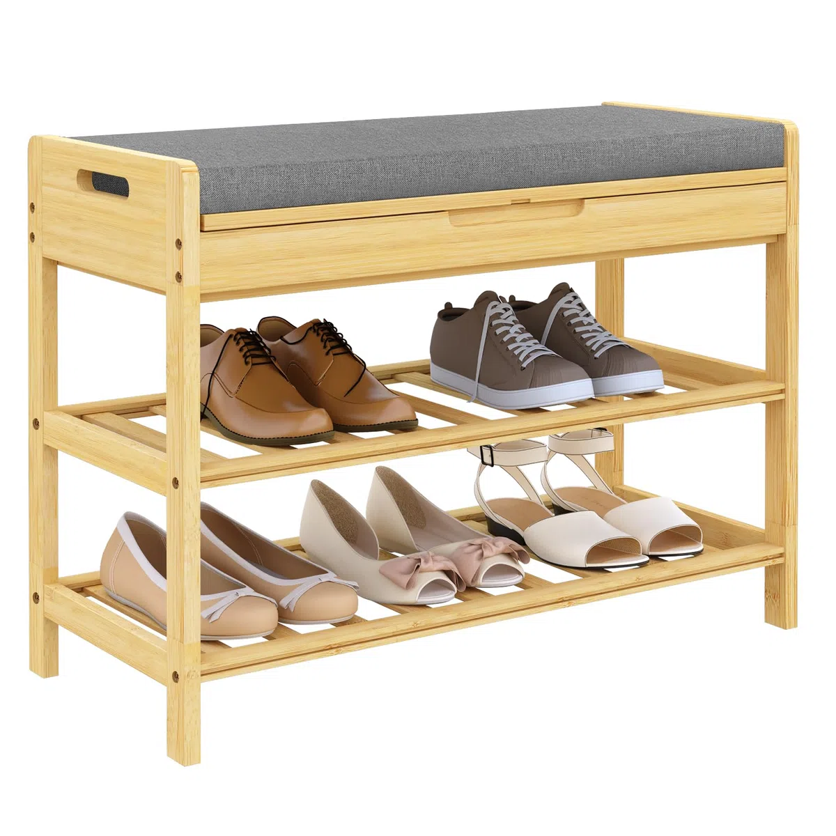 WOLTU Banco Zapatero de Bambú, Banco para Zapatos de 2 estantes, Zapatero con Caja Olculta y Asiento Acolchado, Organizador para Entrada, Baño, Dormitorio, Pasillo, 68x30x50cm