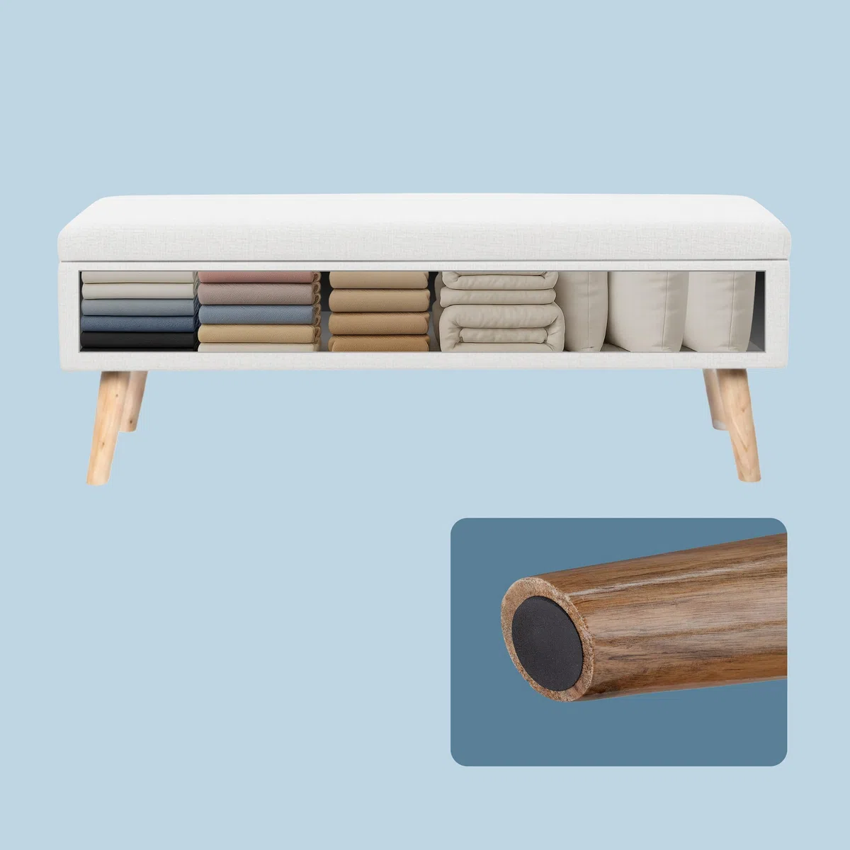 Banco Relaxdays de Lino, con Almacenamiento, 40 x 110 x 40 cm, Patas de Madera, Banco tapizado para Dormitorio, Blanco