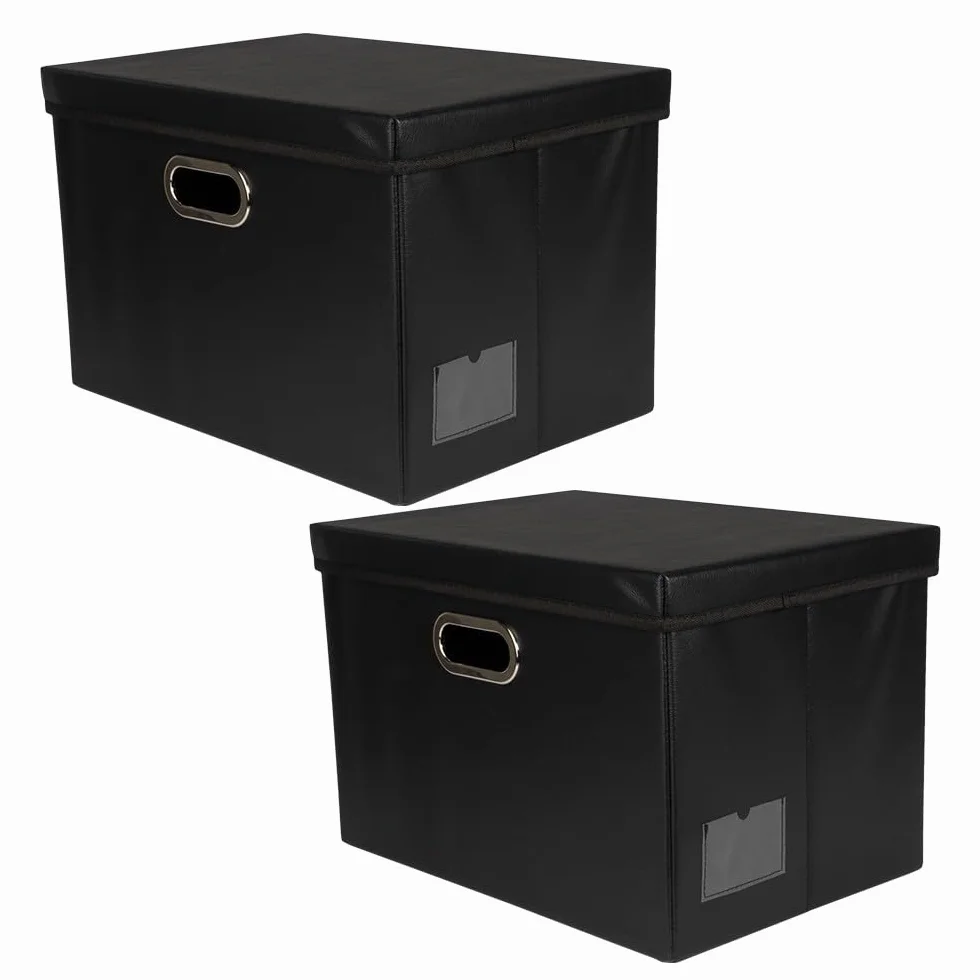 Ideen mit Herz Cajas de almacenamiento con tapa, cajas organizadoras, grandes, plegables, color negro, aspecto de piel, 42 x 30 x 29 cm, paquete de 2