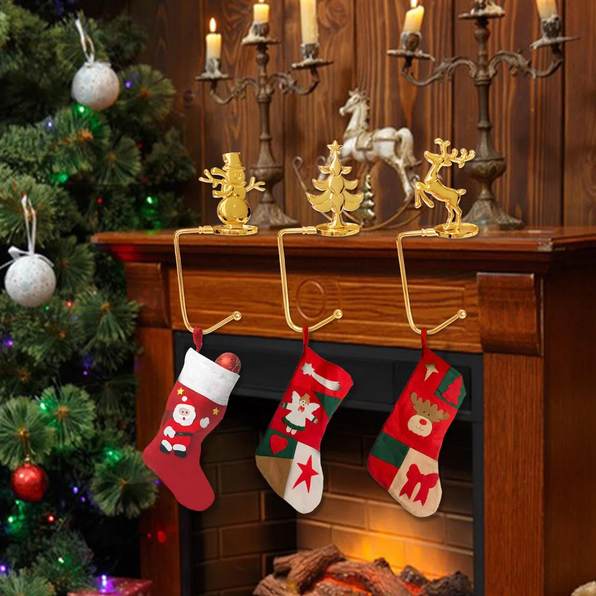 Juego de 3 soportes para medias navideñas, ganchos para chimenea, soportes para calcetines navideños, ganchos navideños, para chimenea y mesa, decoración de calcetines navideños