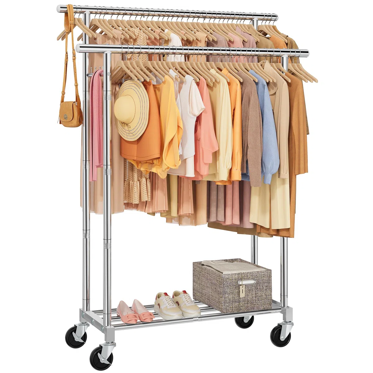 FAVOOSTY Burro para Ropa Resistente 200KG, Perchero Burro de Doble Barra, Marco Metálico, Burro de Ropa con Estante de Almacenamiento y Ruedas, para Dormitorio, Lavandería, Plateado