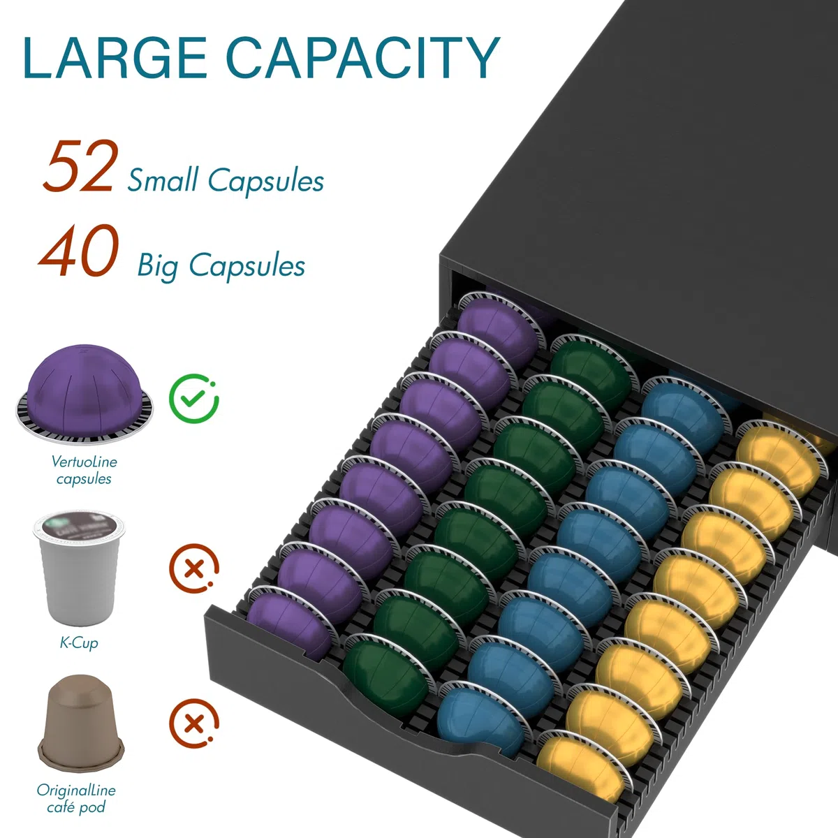 Suli Portacápsulas de café para cápsulas 52 cápsulas,negro | Dispensador Capsulas Compatible,Cajón para Almacenar Cápsulas,Soportes para Cápsulas de Café para 52 Cápsulas Vertuoline