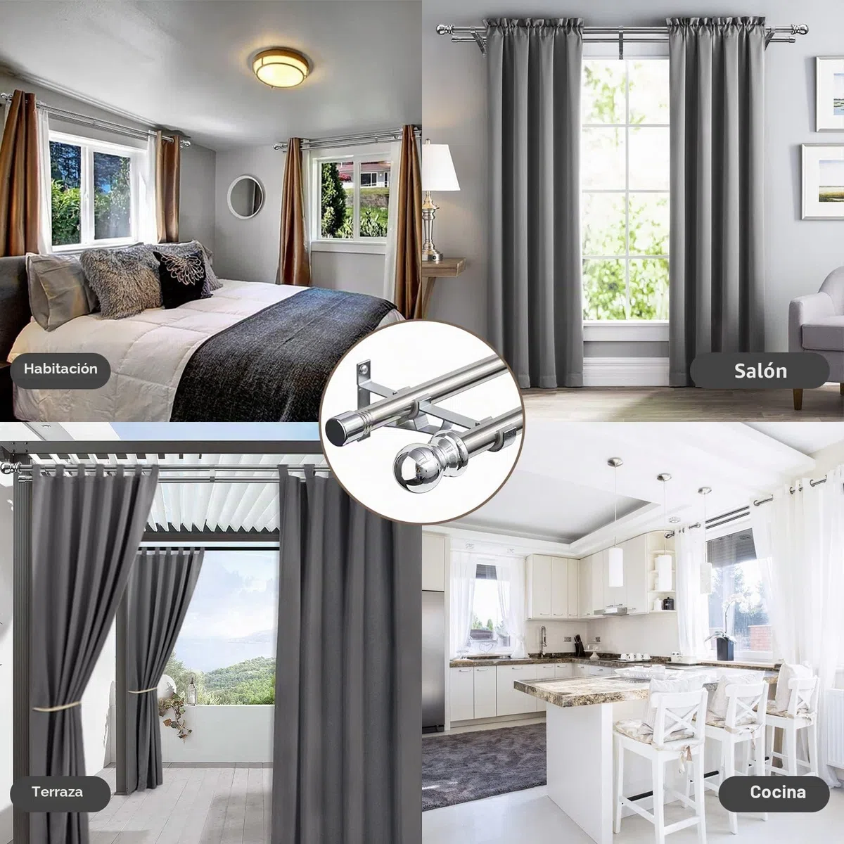 Barra de Cortina Doble Plateada - 76-186 cm, Extensible de Acero Inoxidable para Cortinas con Ojales, Opacas y de Gasa