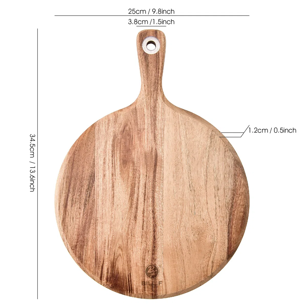 BILL.F pelador de pizza de madera de acacia, 25,4 cm, plato de pizza, tabla de pizza, plato de pizza de madera y tabla de pizza de madera, con mango, 35 x 25 x 1,2 cm