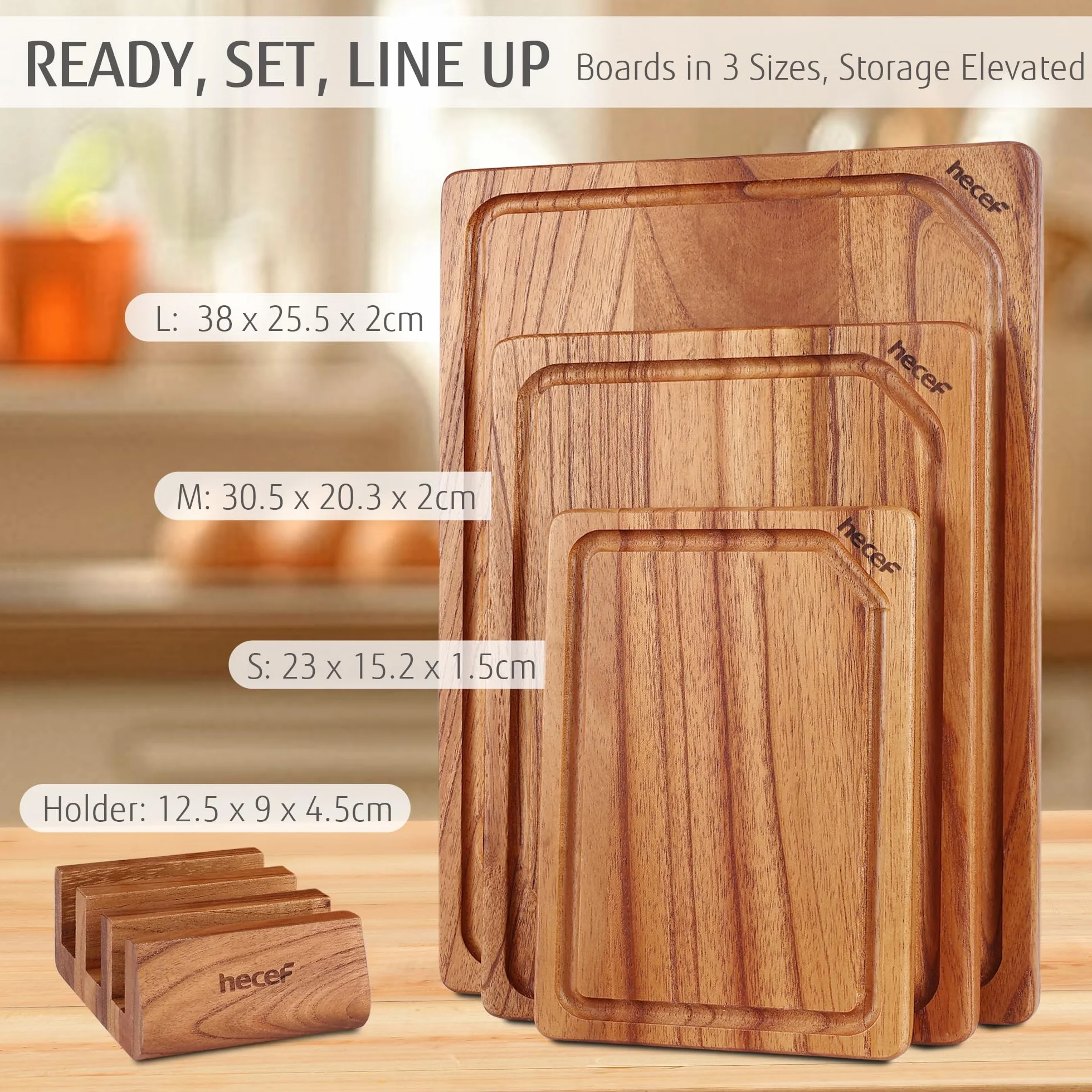 hecef Juego de tablas de cortar de madera con soporte, reversibles para cortar y servir, con ranuras antigoteo y asas integradas, set de 3 para carne, pescado, verduras, pan, embutidos y quesos