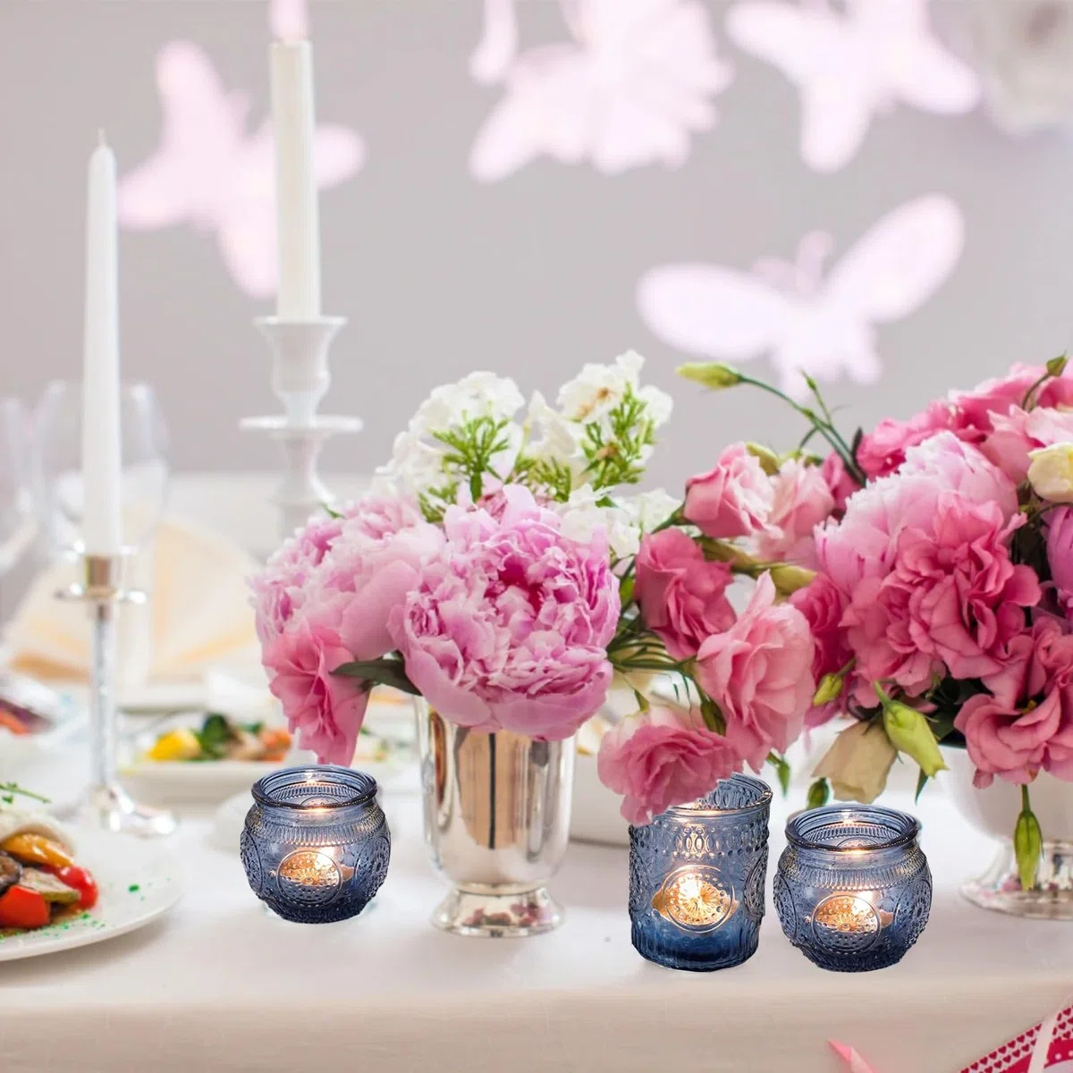 Portavelas de cristal, portavelas votivos para centro de mesa de boda, varias fiestas y decoración del hogar (12, azul)