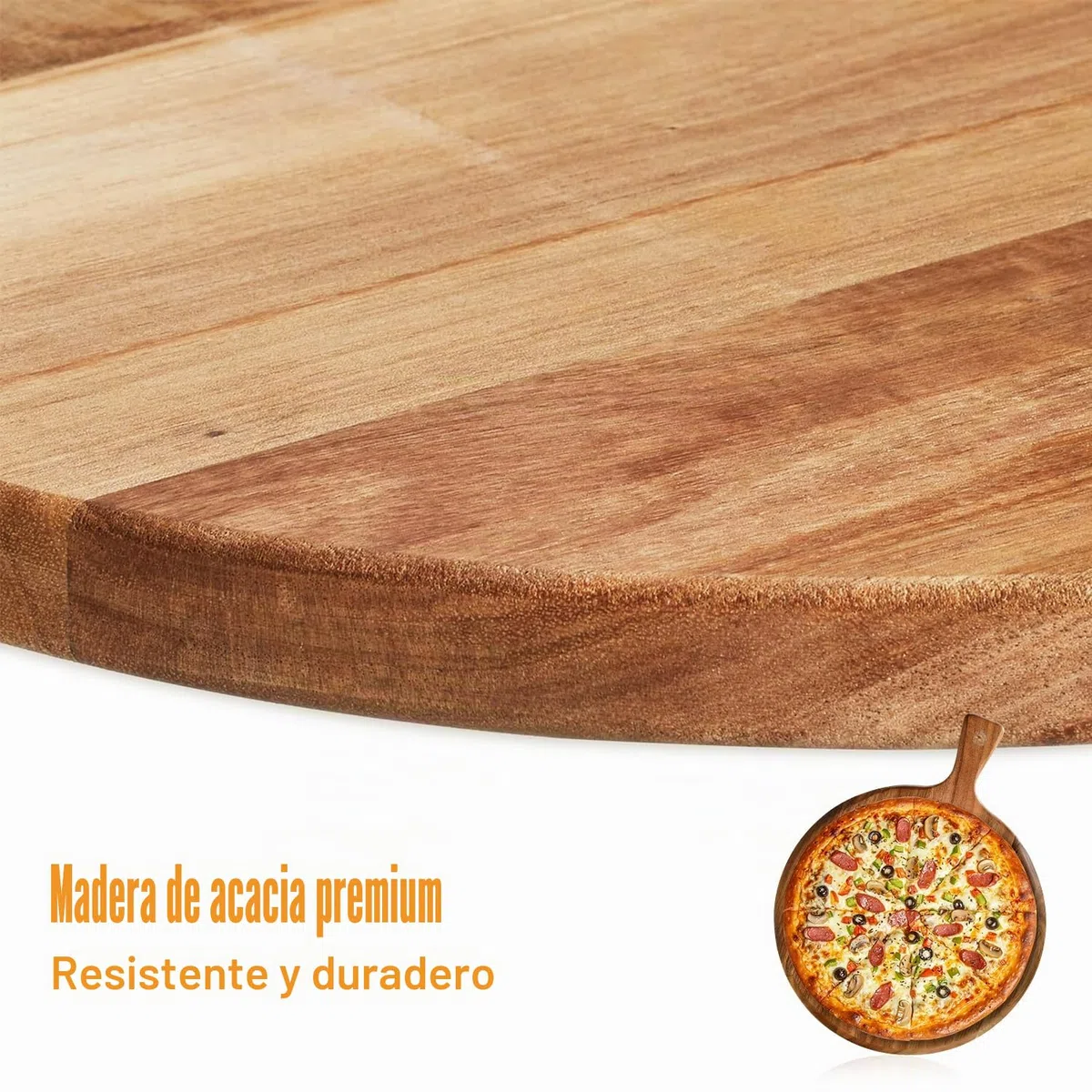 Juego de 2 tablas de pizza de madera de 30 cm de diámetro con asa, platos de madera de acacia premium, tabla redonda para servir y cortar pizzas, tartas flameadas, queso