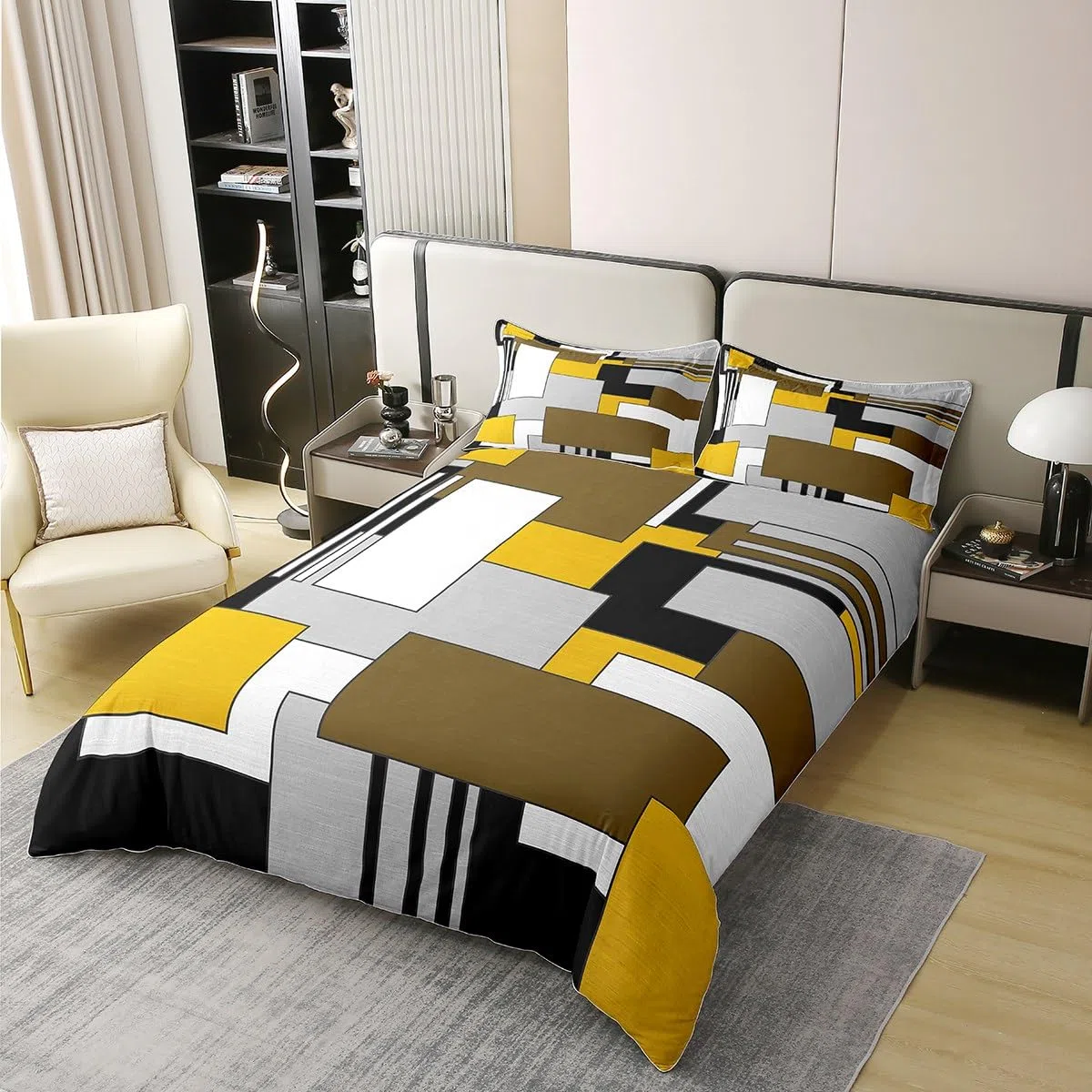 Juego de ropa de cama geométrica de color amarillo, gris y marrón, funda de edredón geométrica individual para niños y niñas, funda de edredón moderna abstracta, 100% algodón, transpirable, cuadrada,