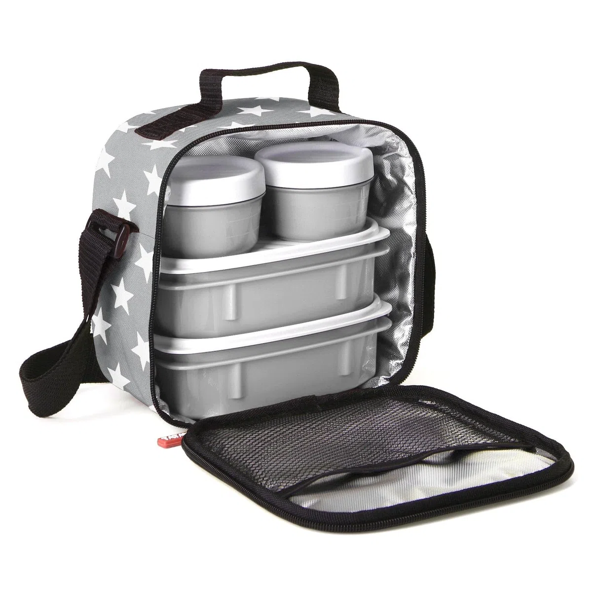 Tatay Bolsa Termica Porta Alimentos Impermeable - Urban Food Casual 3L | 4 Fiambreras: 2x0,5L + 2x0,2L | Triple Capa Aislante | Cuerpo Semirrígido | Bolsillo Interior | 22,5x10x22cm, Estrellas Gris