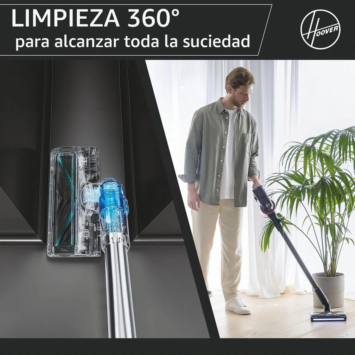 Hoover Aspiradora Escoba Sin Cable, 1200 POWERTIME, Alta Potencia, Cepillo Antienredos, Luces LED, Ligera, Ideal para Rincones [HF410H]