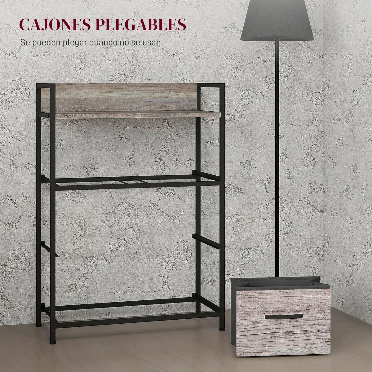 HOMCOM Cómoda con 4 Cajones de Tela Plegables, Cómoda para Dormitorio Industrial con Estante Abierto, Marco de Acero, Cajonera para Espacios Pequeños, Sala de Estar, Vestidor, Baño, Gris