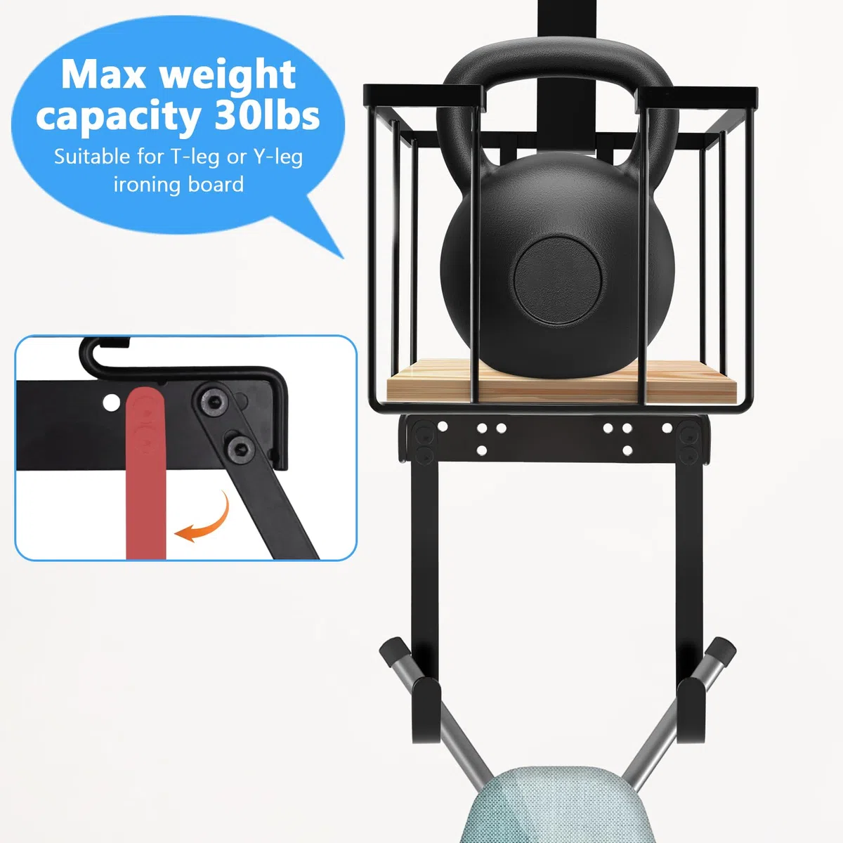 CAVWVTYU Soporte para tabla de planchar, soporte de pared con cesta de almacenamiento grande y ganchos fuertes, soporte para plancha y tabla de planchar para la lavandería, sostiene planchas, tablas