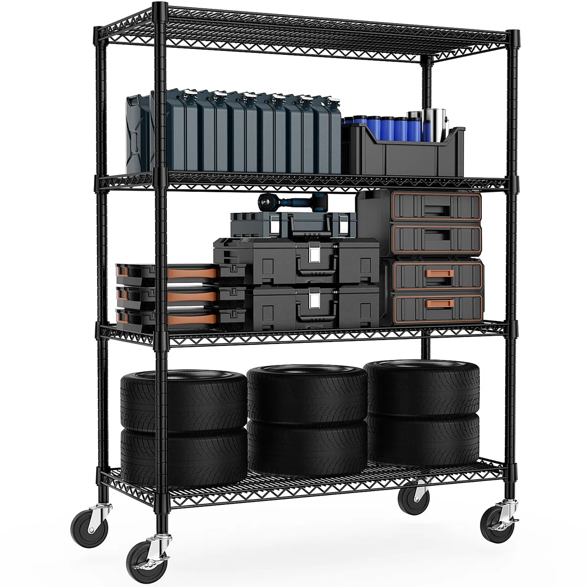 M MZG Estantería Industrial Metálica con Ruedas Bloqueables de 4 Niveles, hasta 1198,2 kg, Estantería de Carga Pesada para Almacén, Taller y Uso Profesional,Estudio, Negro, 60 x 135 x 186,9 cm