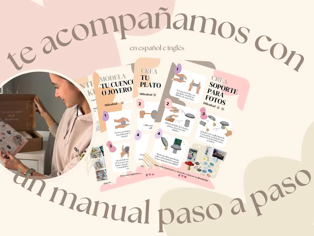 ÖHMYHOME Kit de Arcilla de Secado al Aire. Incluye Barniz Brillante, Pinturas Acrílicas, Herramientas, Pinceles, Esponja, Paleta de pintora y Manual en Español e Inglés (Premium)