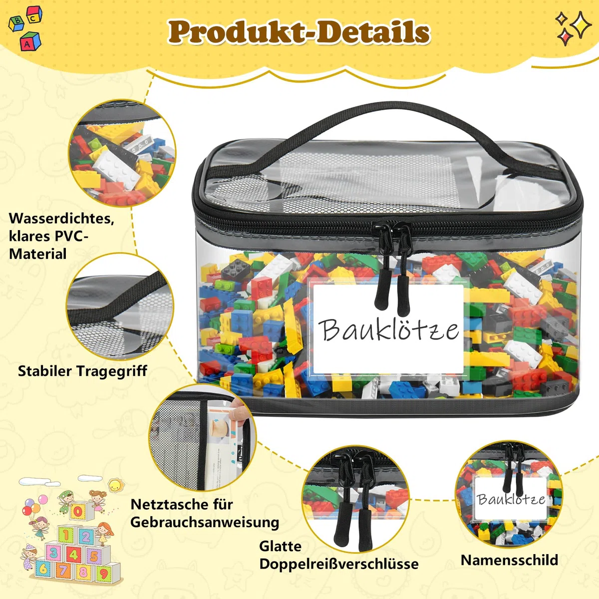 6 bolsas de almacenamiento para juguetes, transparentes, impermeables, de PVC, con etiqueta de nombre e instrucciones (idioma español no garantizado), para almacenamiento de Lego (Large)