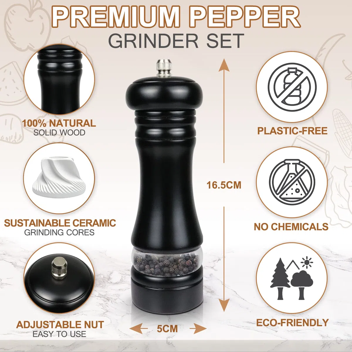 IAGORYUE Molinillo Pimienta, Molinillos de Pimienta y Sal Manual con Núcleo de Cerámica, Molinillo Especias Madera de Ajustable, Salero y Pimentero Negro/Blanco, 6.5 Pulgadas (2 Piezas)