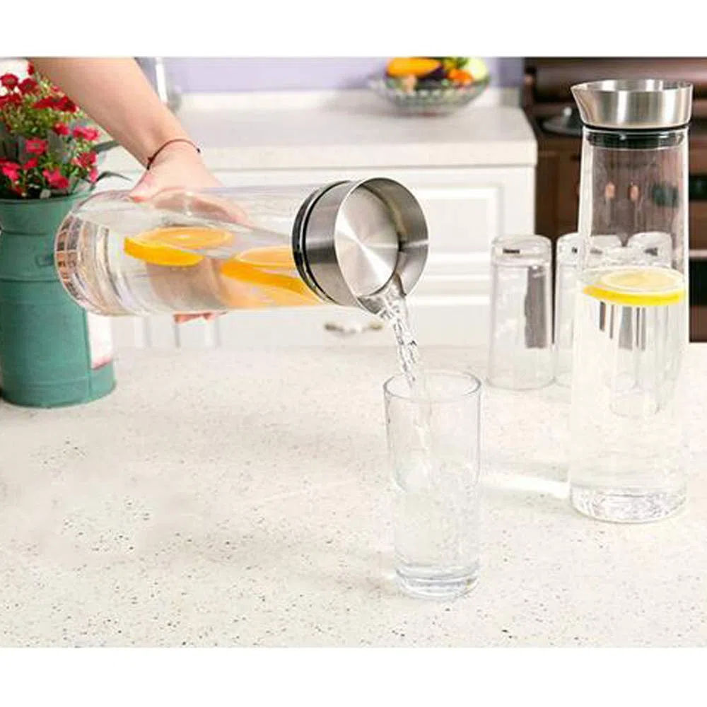 Jarra con tapa Buwico de 1 L para agua o botella de zumo, de cristal de borosilicato con tapa de acero inoxidable, para té helado, infusiones, agua, leche, zumo, limonada y bebidas espumosas, cristal de borosilicato, 1 litro