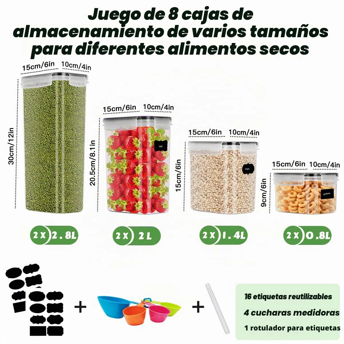 Botes Cocina Almacenaje 8 Piezas, Recipientes para alimentos de Plástico de Alimentos Sellados con Tapa, Se Utiliza para Almacenar Cereales, Pasta, Arroz, Harina (2.8L+2L+1.4L+0.8L)