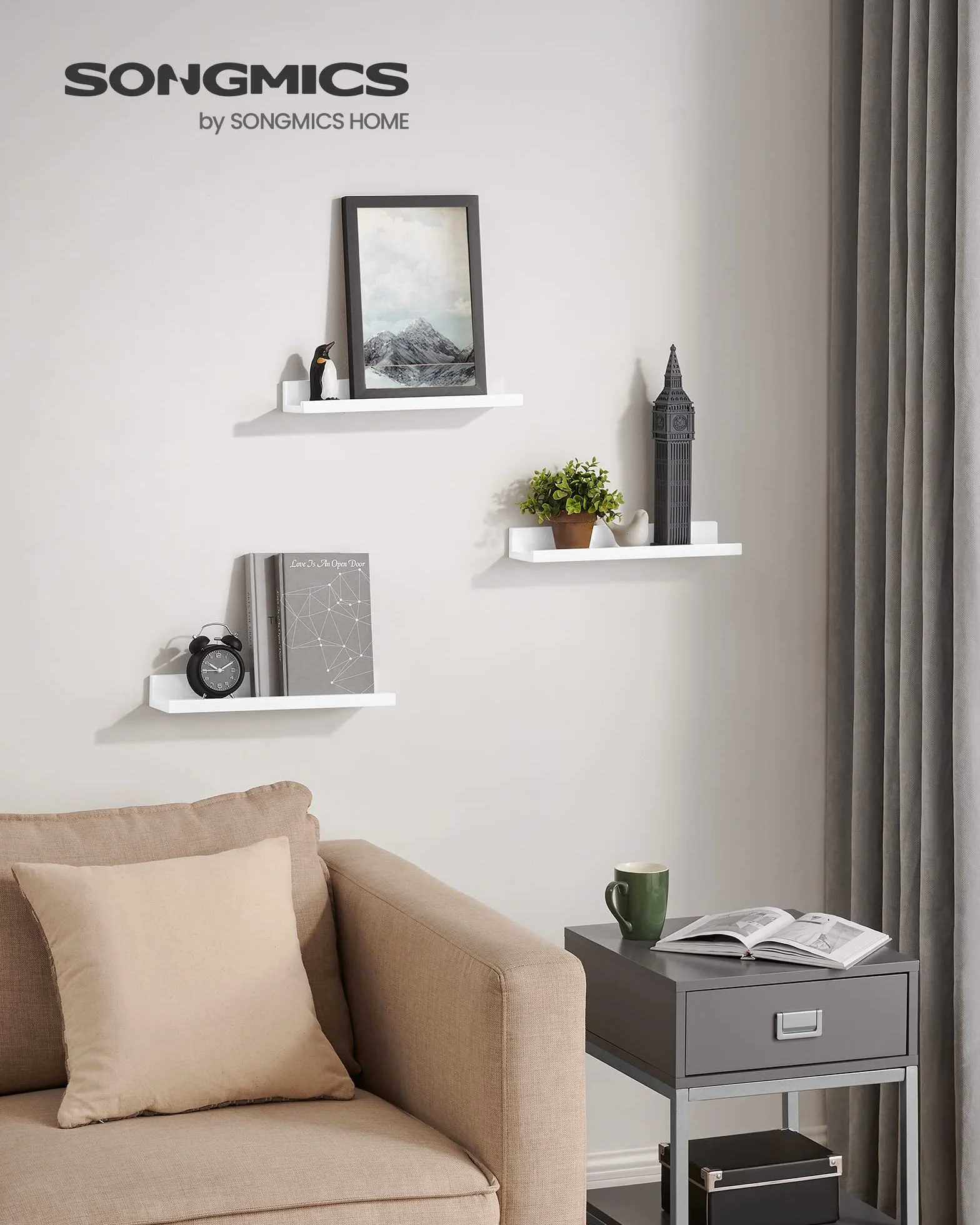 SONGMICS Estantes de Pared, Juego de 3, Estantes Flotantes, Ancho de 38 cm, Estantes Colgantes, para Marcos de Fotos y Adornos, para Salón, Oficina en Casa, Baño, Cocina, Blanco Mate LWS38WT