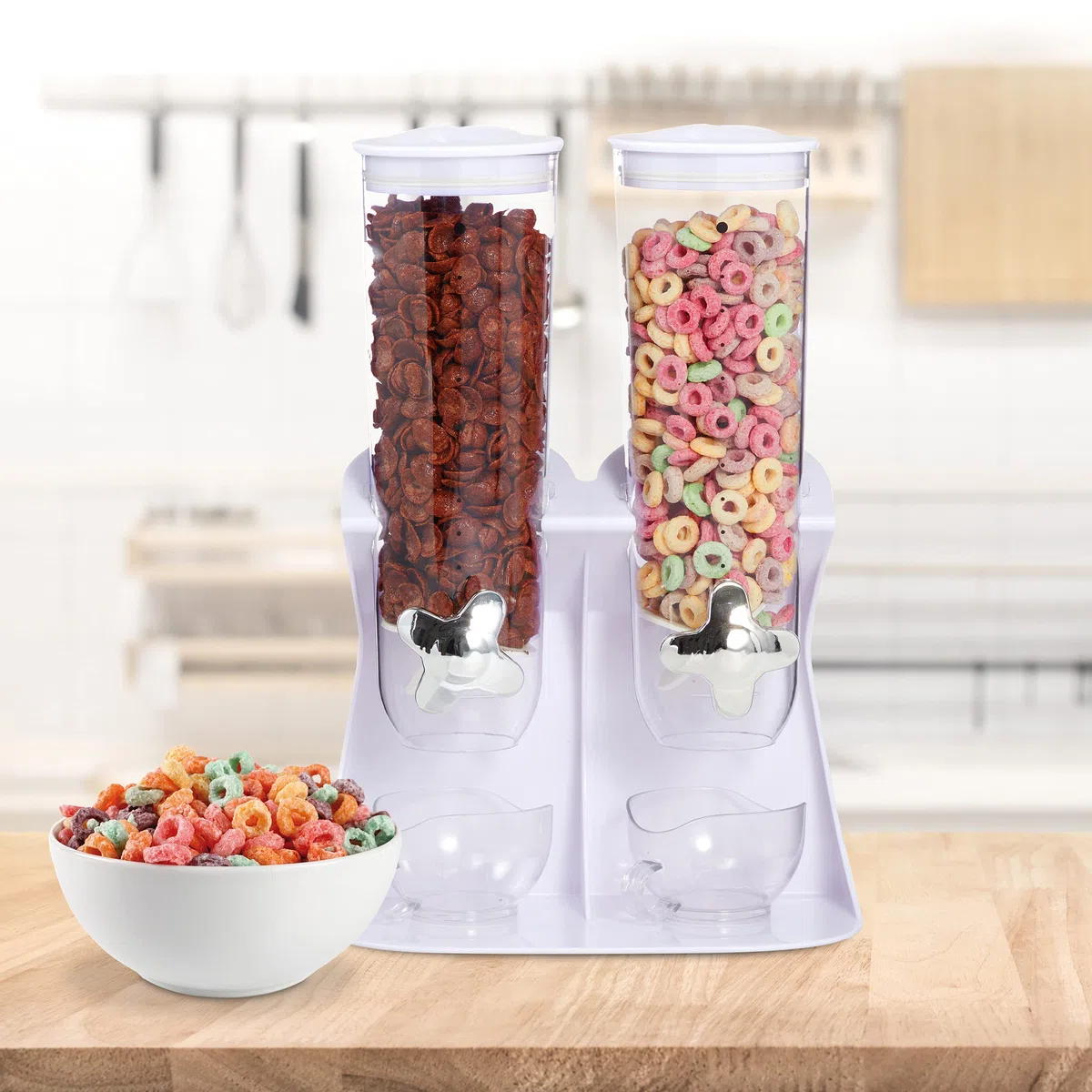 Relaxdays Dispensador Cereales Doble, Dosificador Frutos Secos, Desayuno, Botes Golosinas, Recipientes Plástico, Blanco