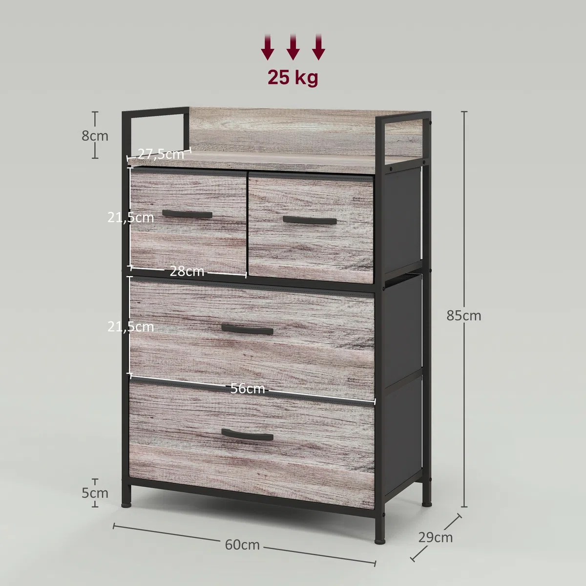 HOMCOM Cómoda con 4 Cajones de Tela Plegables, Cómoda para Dormitorio Industrial con Estante Abierto, Marco de Acero, Cajonera para Espacios Pequeños, Sala de Estar, Vestidor, Baño, Gris