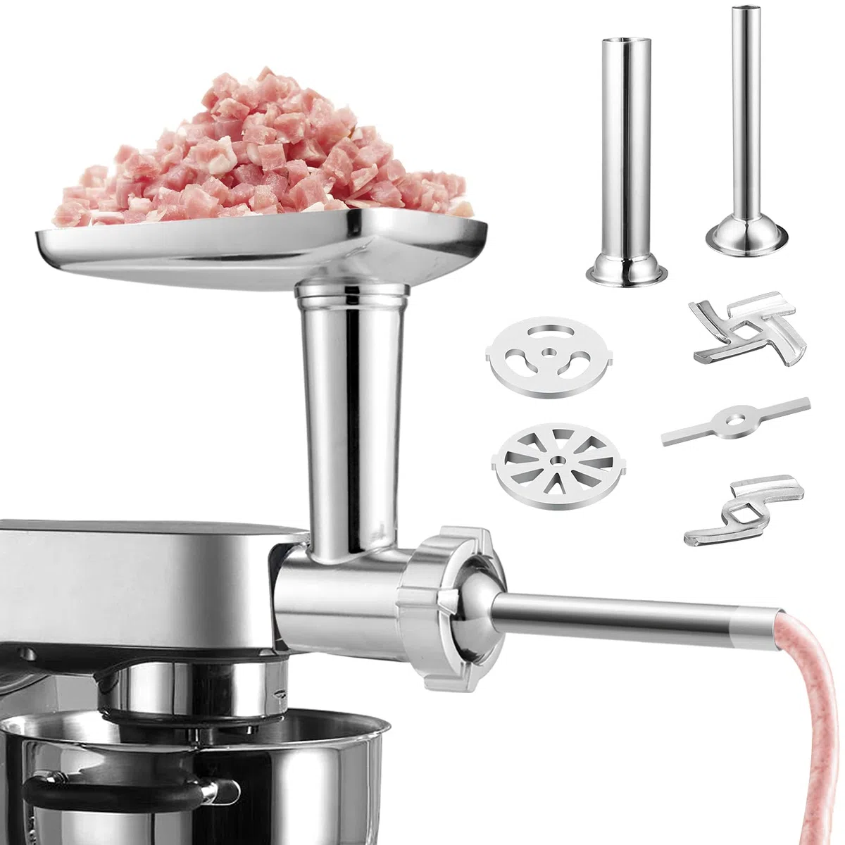 Gdrtwwh Accesorio para picadora de carne adecuado para todos los robot de cocina Kenwood y kMix, con 2 tubos de llenado de salchichas y 4 platos de molienda