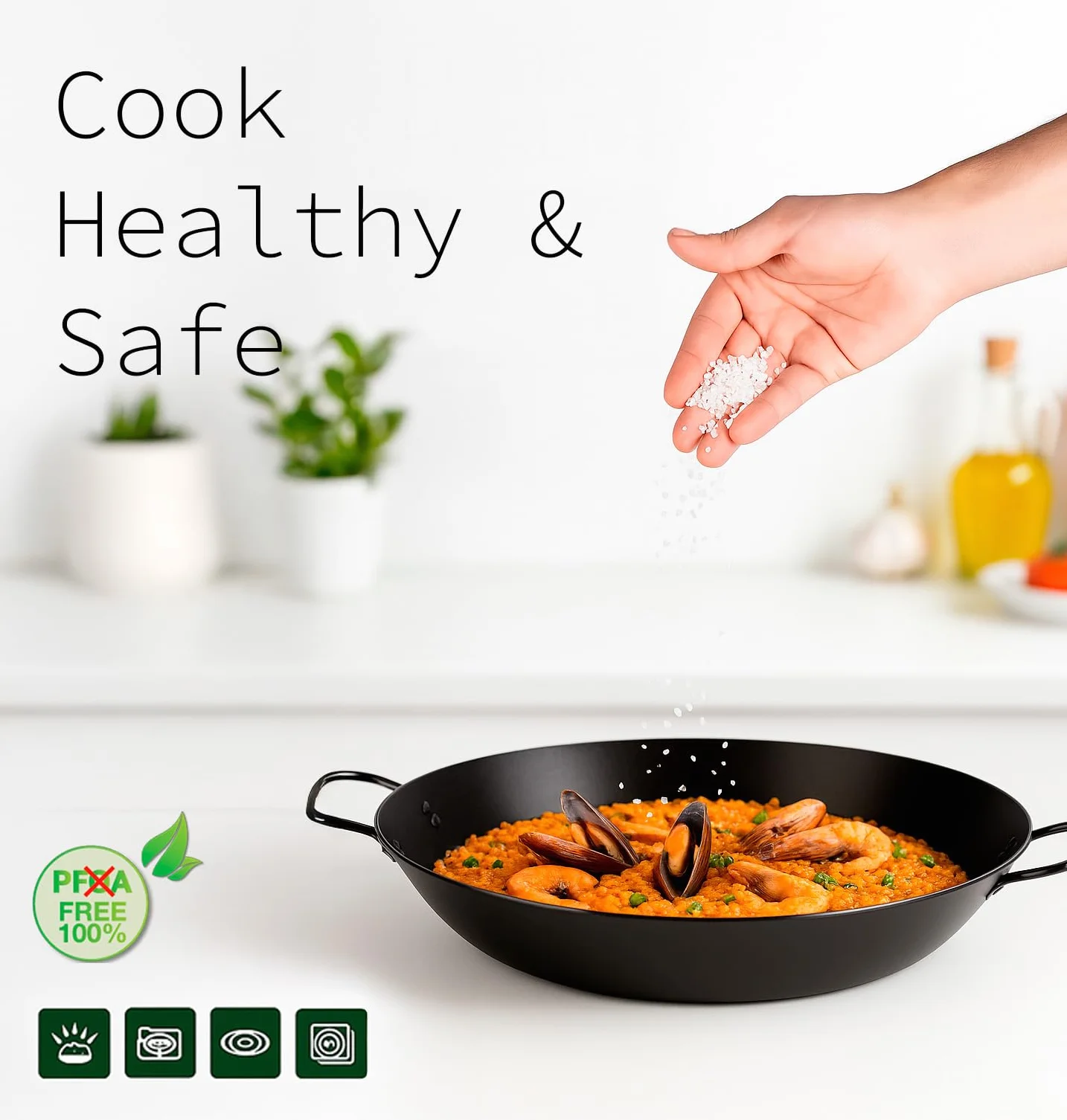 WECOOK! Paellera Kratha de aluminio con antiadherente XYLAN Plus, 42 cm, asas de hierro remachado, apta para inducción y todo tipo de cocinas