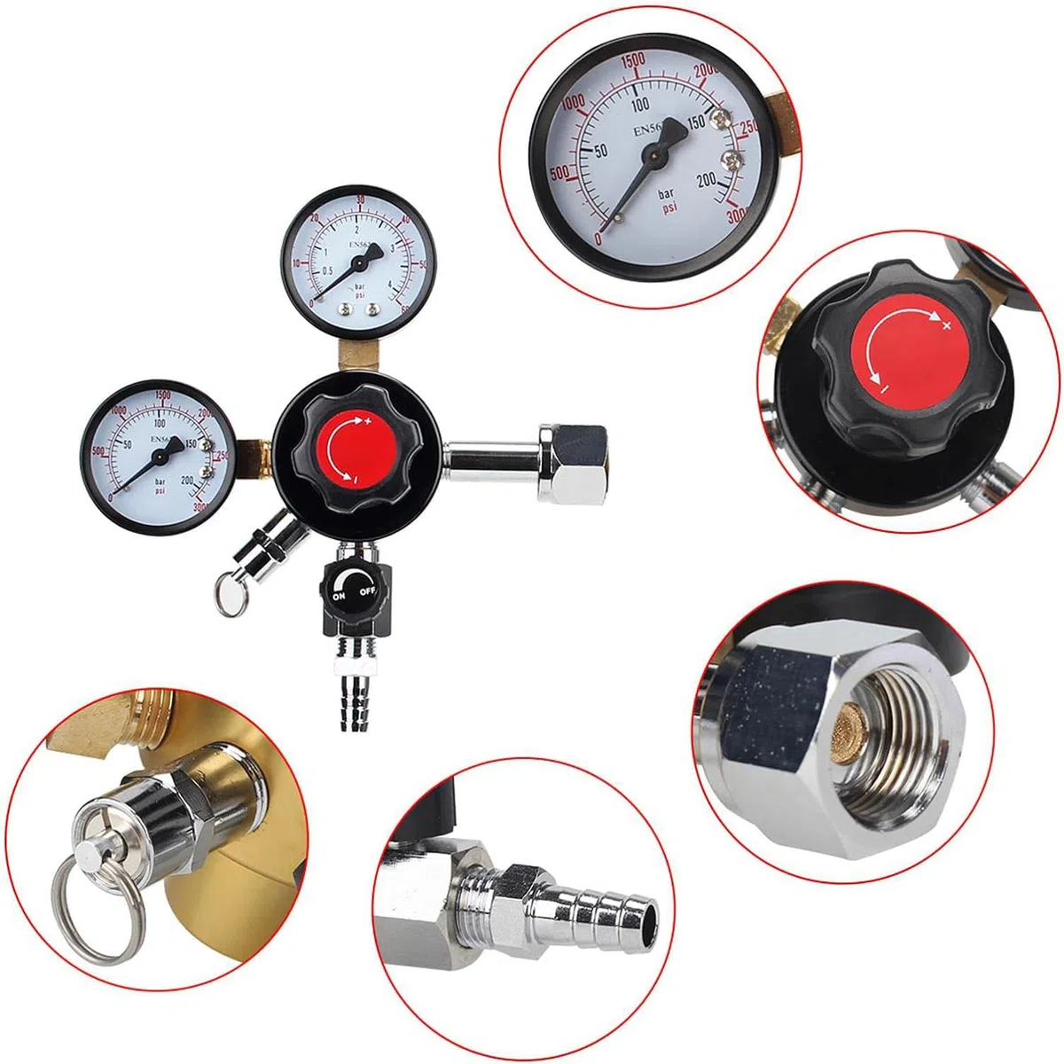 Eastpole Regulador de CO2 de doble calibre, presión de barril de cerveza, regulador de cerveza de desconexión rápida con válvula de alivio de presión de seguridad 0-60 PSI 0-3000 presión del tanque