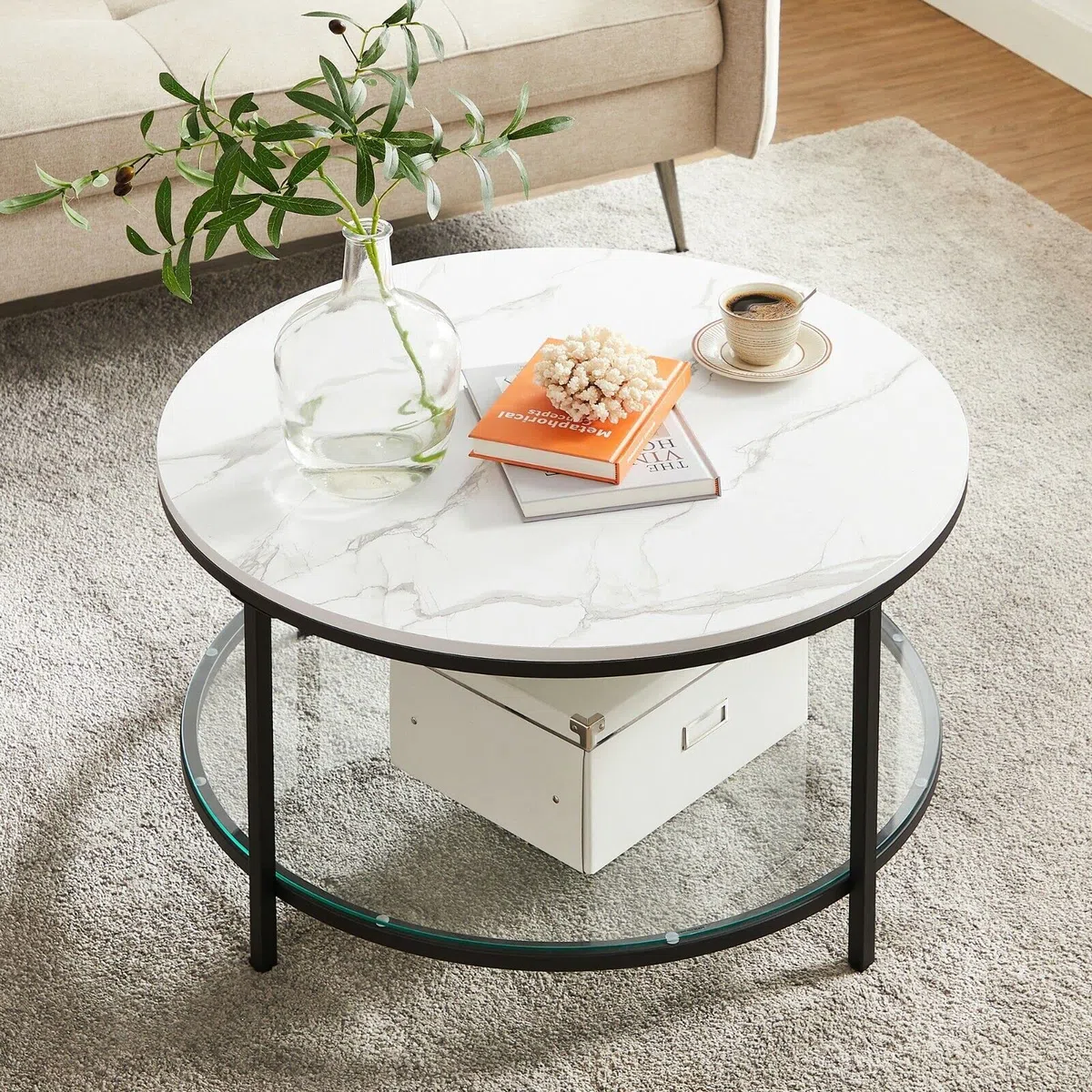 VASAGLE Mesa de Centro, Mesita de Salón, de Mármol de Imitación Redonda, Estante de Vidrio Templado, Montaje Fácil, Estilo Moderno, Blanco Mármol y Negro Tinta LCT071B13