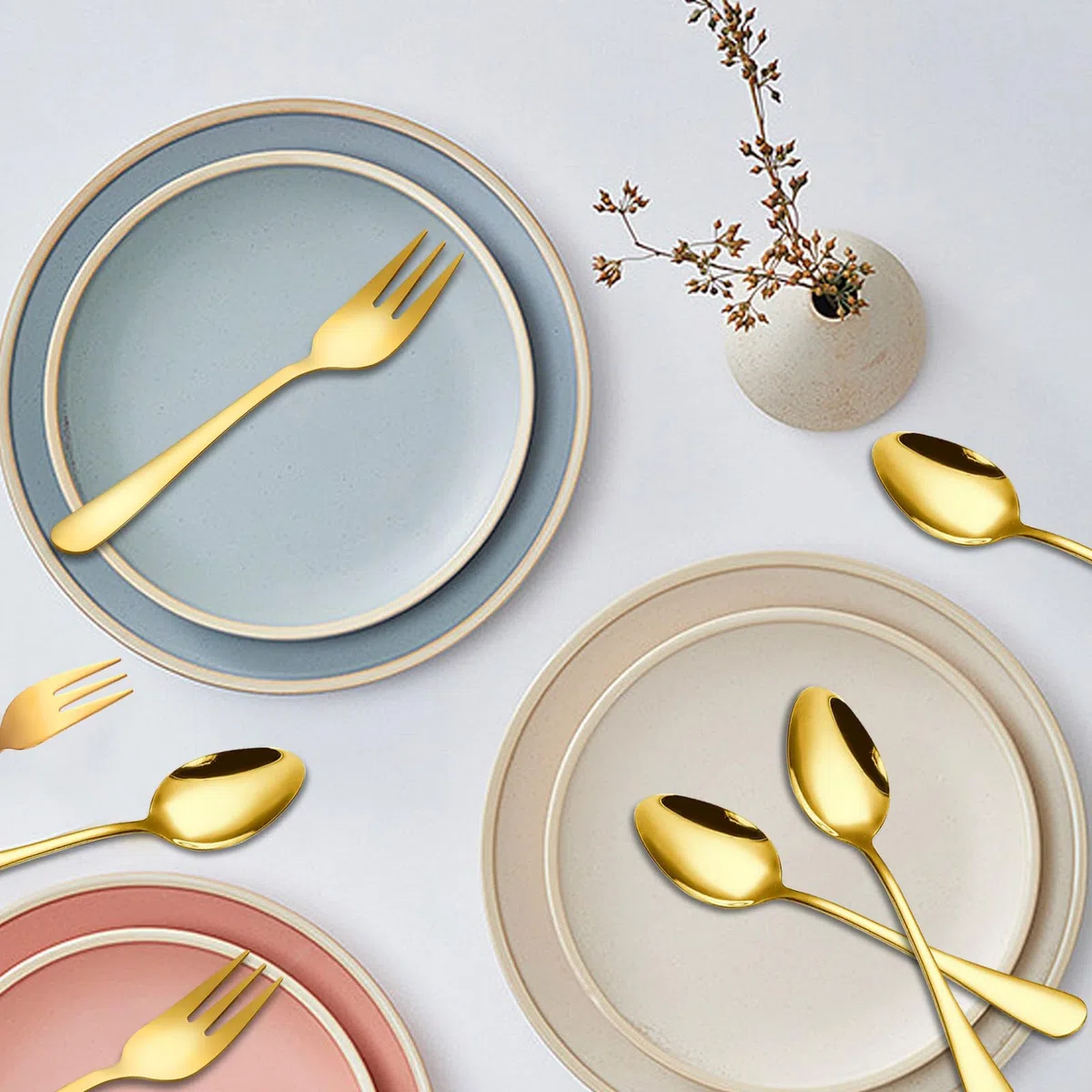 Gohytal Set de 24 Cucharillas y Tenedores de Postre en Acero Inoxidable Dorado – Perfecto para Boda, Cumpleaños, Navidad, Apto Lavavajillas