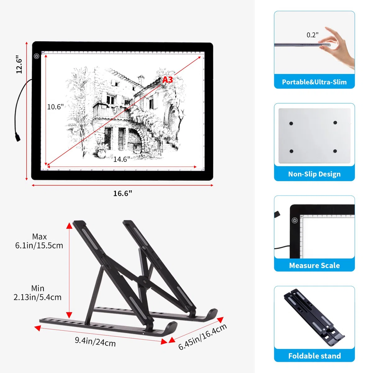 Caja de luz A3 – Almohadilla de luz de trazado con soporte, tablero de brillo regulable continuo de 3 niveles, almohadilla de luz LED ultrafina para deshierbar vinilo, dibujo, pintura de diamantes