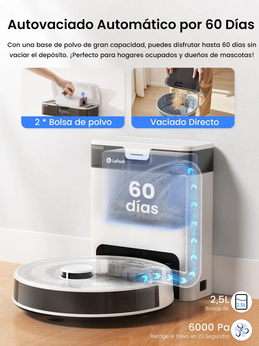 Lefant Robot Aspirador y Fregasuelos M2 Pro, 6000Pa Succión, 140min Autonomía, Autovaciado 60 Días, Navegación dToF, Obstáculos 190° PSD, Mapeo Multinivel, Mascotas