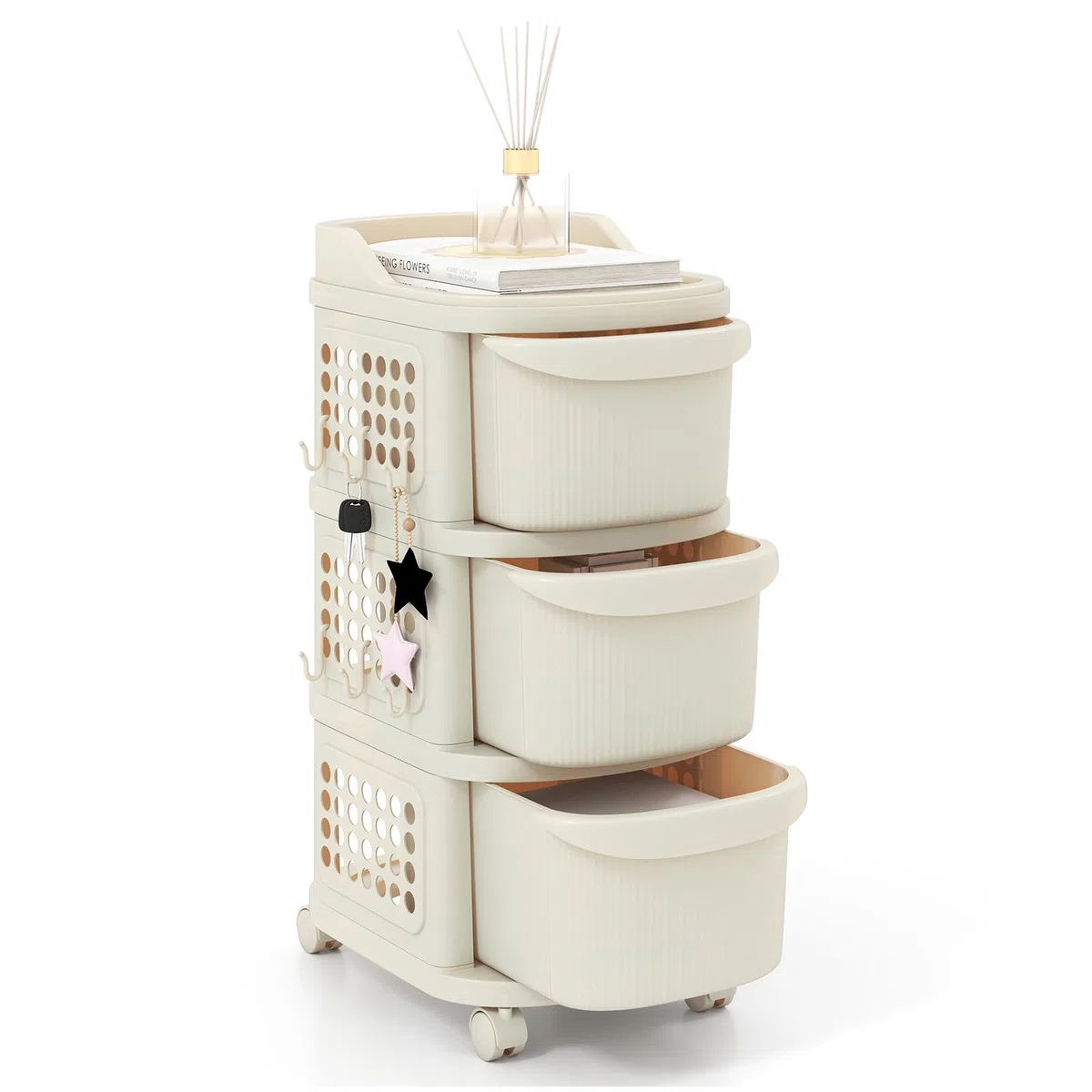 GIANTEX Carrito Auxiliar con Ruedas con 3/4 Cajones, Cajonera de Almacenamiento de Plástico con Paneles Perforados Laterales, 6 Ganchos, Carro Organizador para Salón, Dormitorio (3 Cajones)