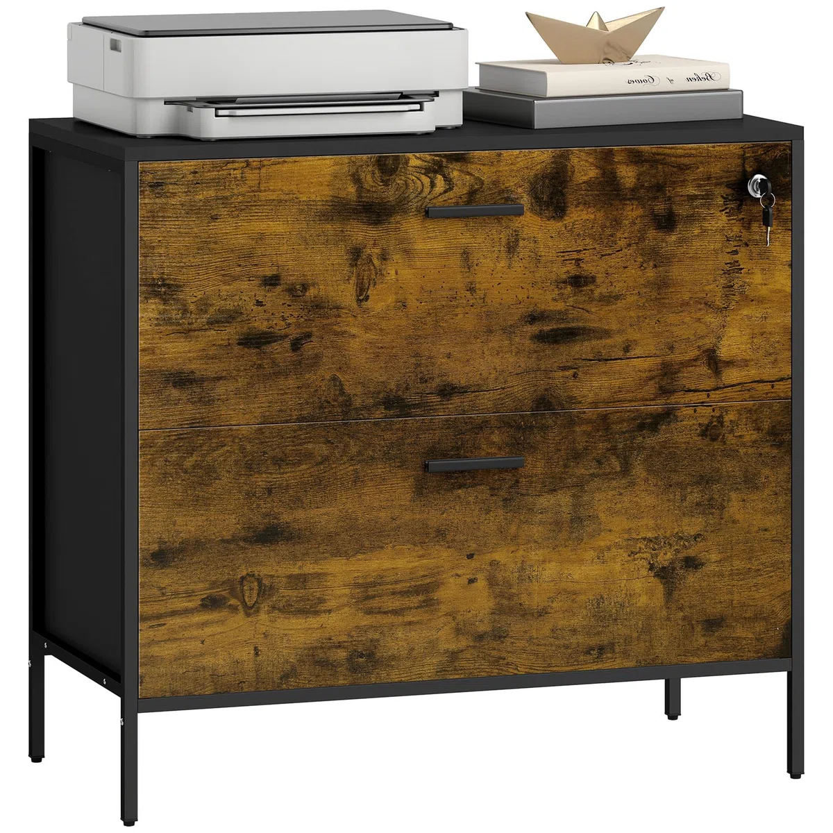 HOMCOM Cajonera de Oficina Industrial con 2 Cajones y Cerradura Cajonera para Archivadores con Carpetas Colgantes Tamaño A4 80x39x73,5 cm Marrón