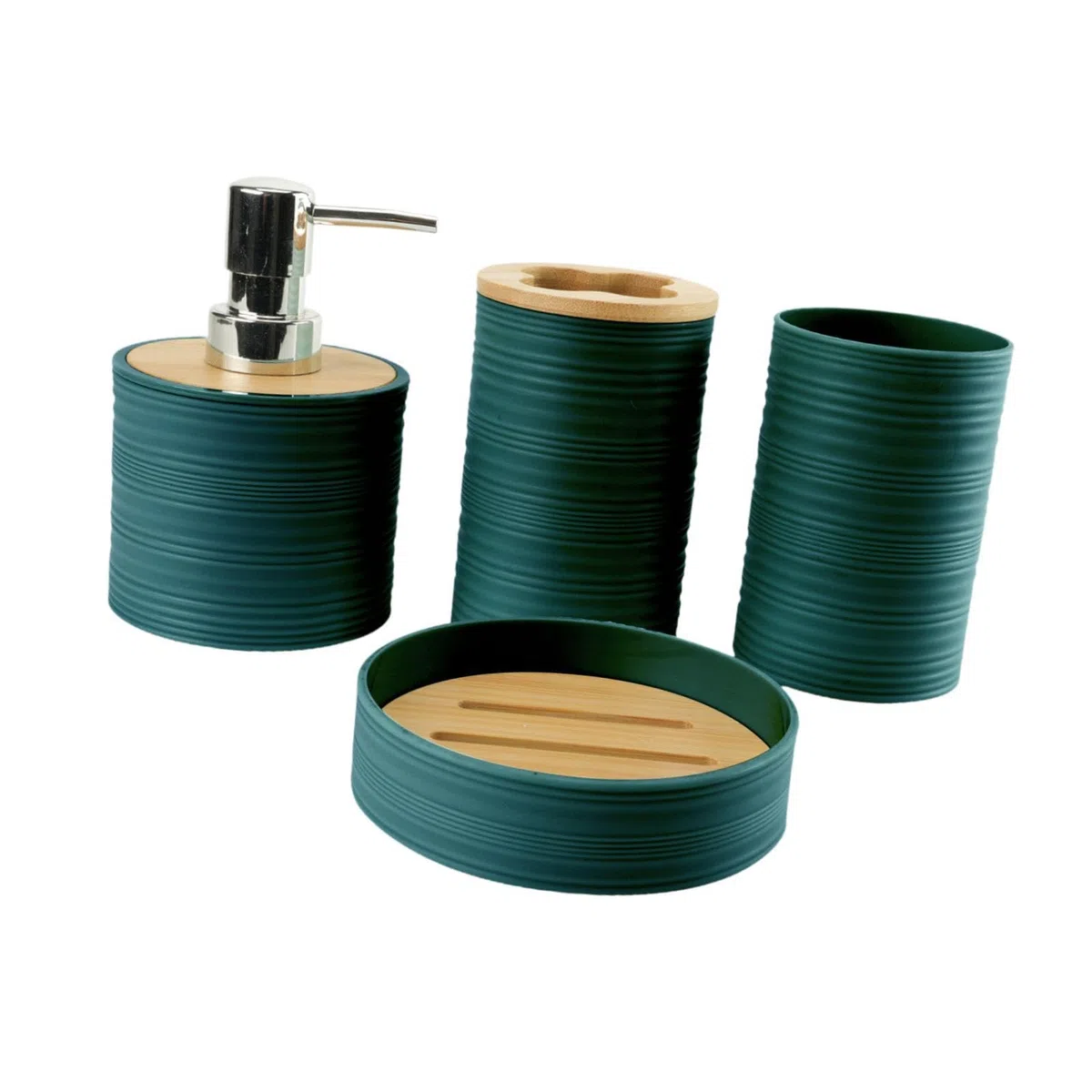 4 Piezas Set de Accesorios de Baño Dispensador de Jabón Porta Cepillos Vaso para Enjuague Jabonera Material Plástico Resistente Adecuado para Hogar, Verde Oscuro, Individual