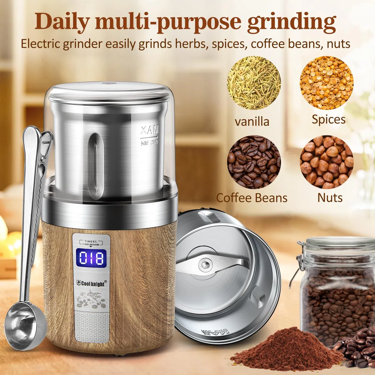 COOL KNIGHT Molinillo Cafe Electrico, Molinillo Café Con Contador Y 1 Taza De Molienda De Acero Inoxidable, Molinillo De Especias Con Capacidad De 100g, Apto Para Especias, Granos De Café,Nueces,Etc.