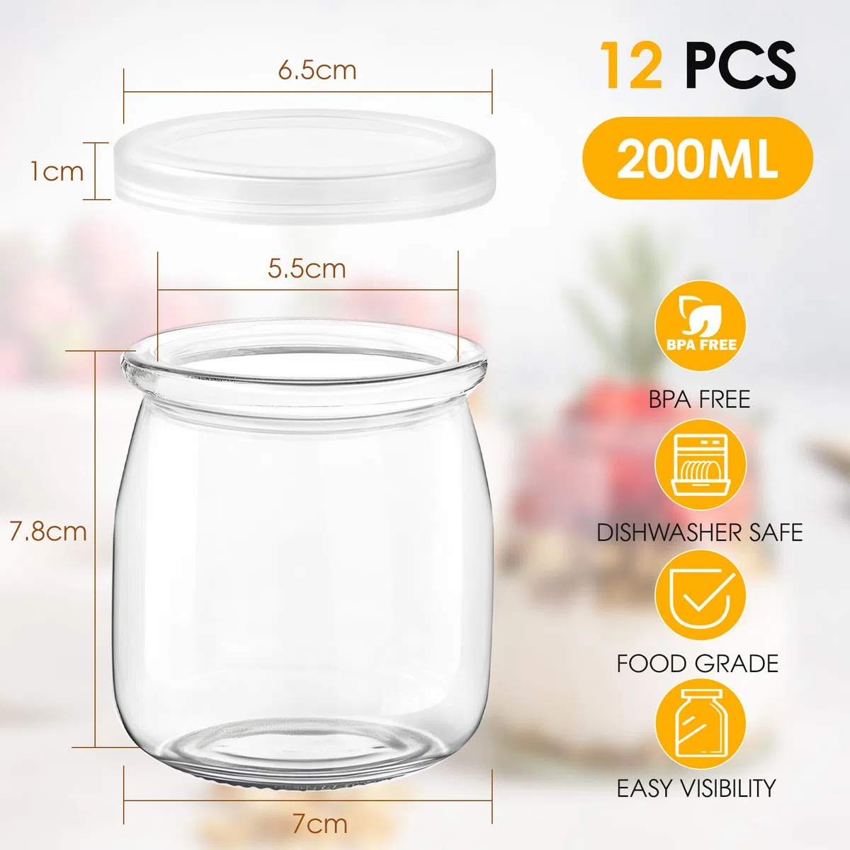 FoiiLiio 12 vasos yogurtera con tapa,200 ml Vasos yogurtera,Pequeños Para Postre,Botes de cristal para yogurt,Tarros de yogur con tapa,para Yogur,Natillas,Pudding