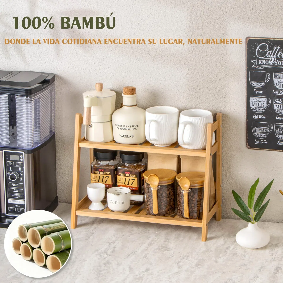 ANBOXIT Organizador Tazas De Bambú, Organizador Especias De 2 Niveles, Estanteria Cocina Para Coffee Corner, Para Encimera De Cocina, Rincon Del Café Y Té