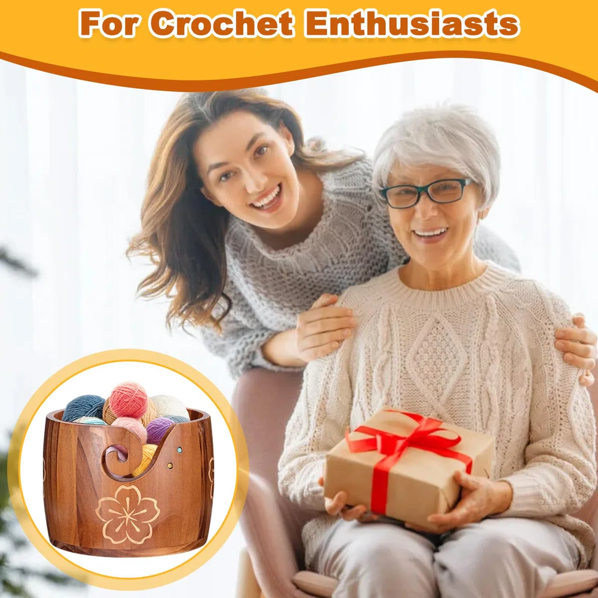Cuenco para hilo, cuenco grande para hilo de madera de pino, cuenco para almacenamiento de hilo de 6,89x6,89x5,31 pulgadas, adecuado para crochet a mano, borlas, tejido con nudos (sin tapa)