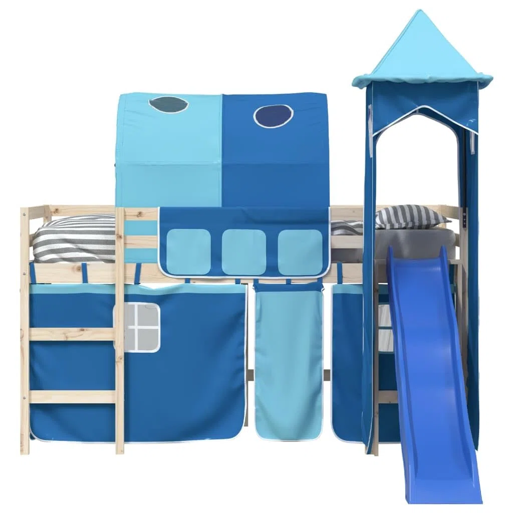 Cortinas para cama alta con túnel y torre azul de poliéster, accesorios de cama para habitación infantil, 3 bolsillos, apto para somier con somier y soporte estable, cómoda zona de juego