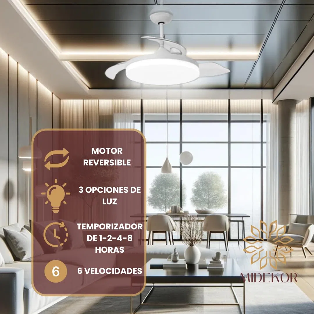 Mi Dekor Ventilador de Techo con Mando a Distancia, Silencioso, Temporizador, 3 modos de Luz, 6 Velocidades, 3 Aspas Retráctil, Diseño Moderno